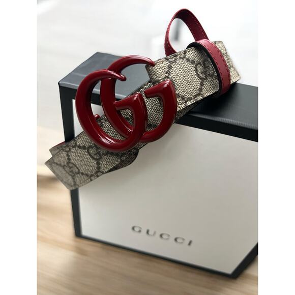 Gucci unisex GG Marmont thin belt in red leather Canvas - Picture 4 of 5